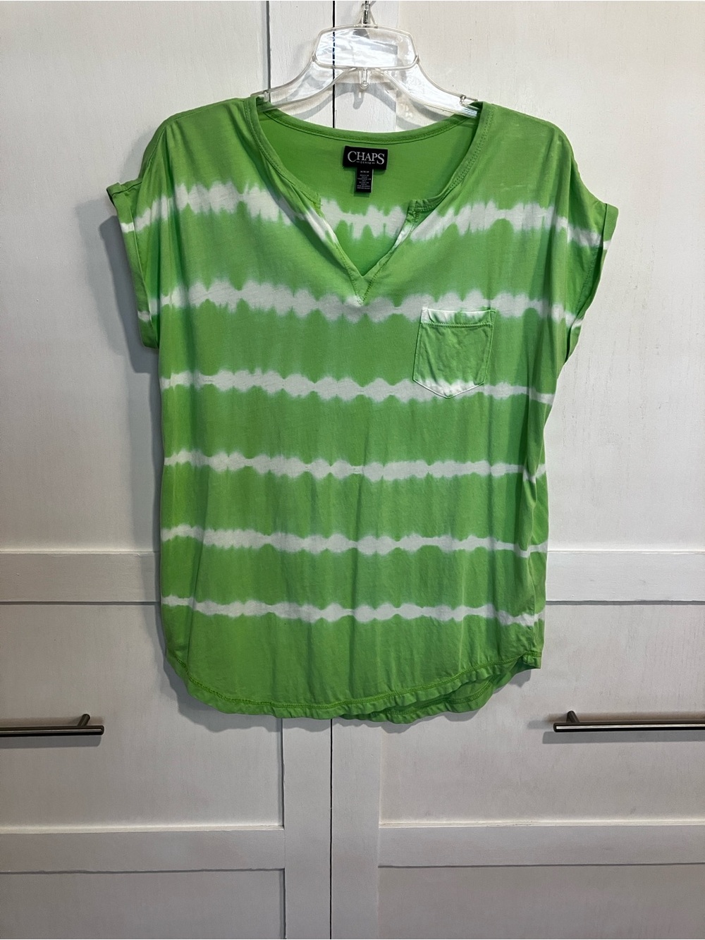 Chaps Lime Green & White Tie-Dye V-Neck Pocket Tee, M
